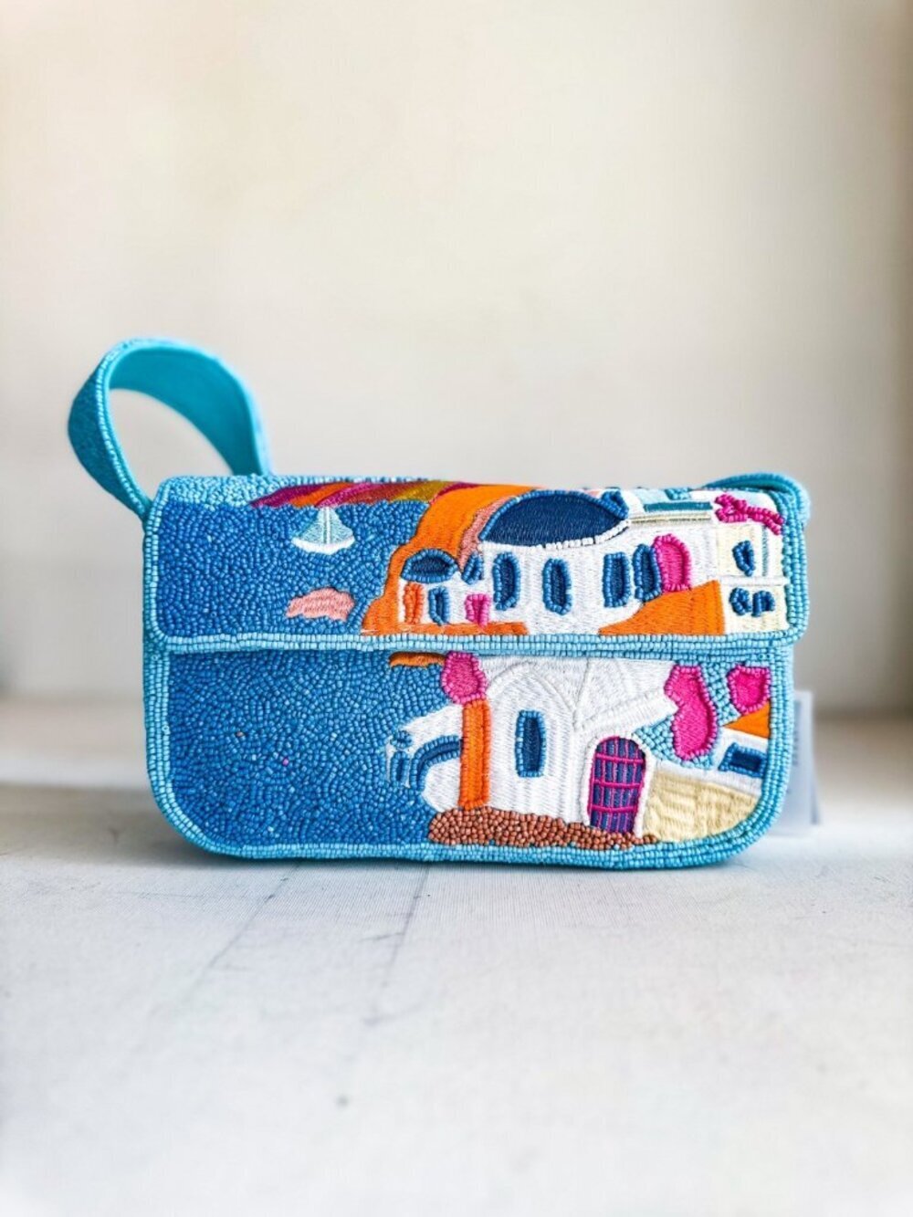 Beaded Shoulder Bag Baguette Greece Print Vacation Whimsical